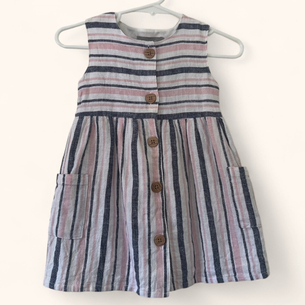 💛 2/$20 9-12M Girl Primark Sleeveless Striped Cottagecore Lined Linen Dress Baby